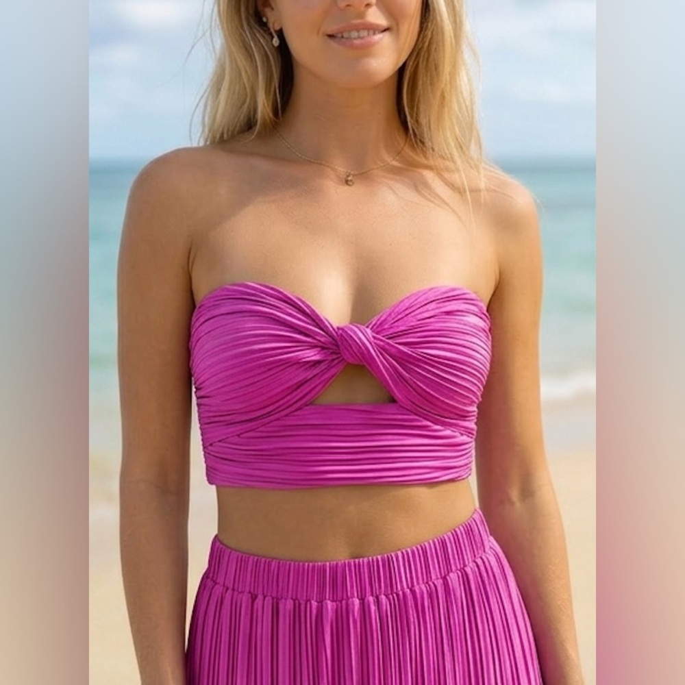 Twist-Front Crop Top & Flowy Pleated  Maxi Skirt Set Pink - Picture 2 of 10